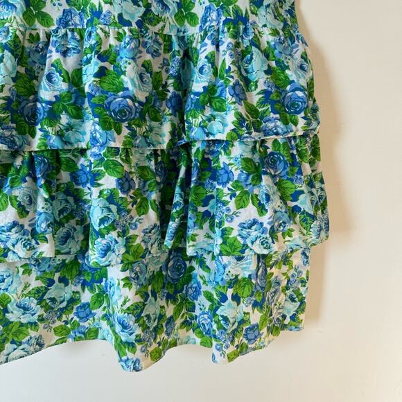 Loungecrest Vintage Blue Floral Rose Drop Waist Tiered Ruffle Cotton Dress L - Picture 5 of 8